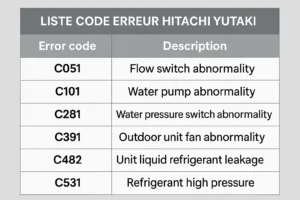 liste code erreur hitachi yutaki