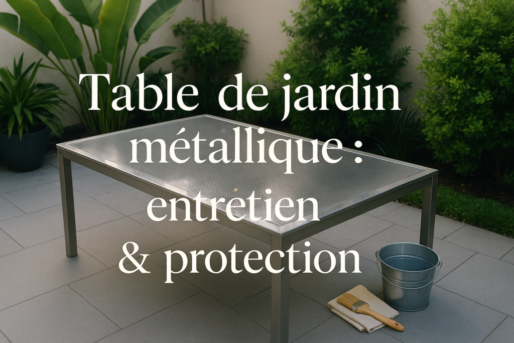 Table de jardin métallique propre et brillante sur terrasse moderne avec accessoires d’entretien