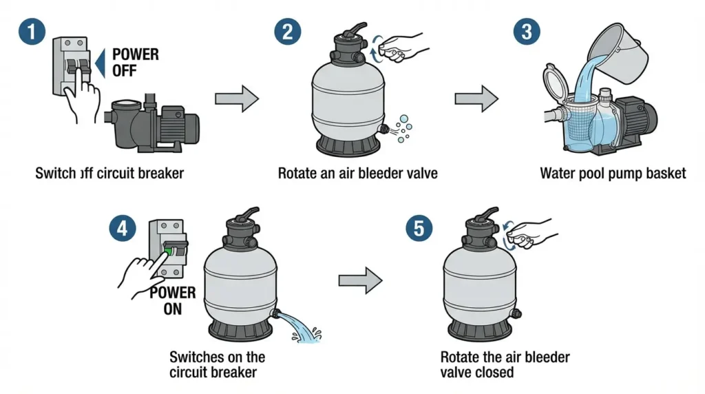 amorçage d'une pompe de piscine avec un filtre à sable