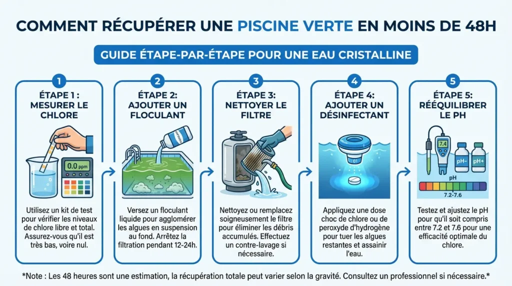étapes pour rattraper une piscine verte en moins de 48h