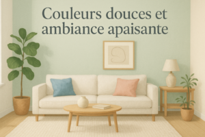 Ambiance apaisante couleurs douces dans un salon contemporain vert sauge et beige