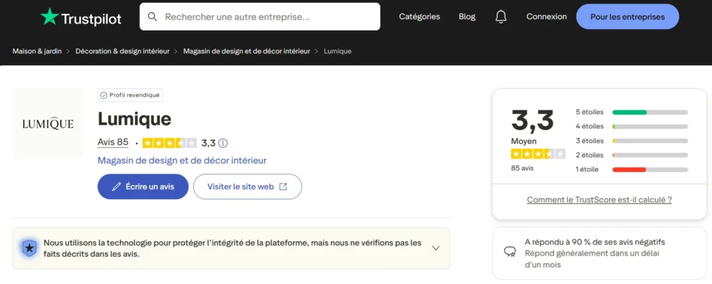 avis sur Trustpilot sur Lumique