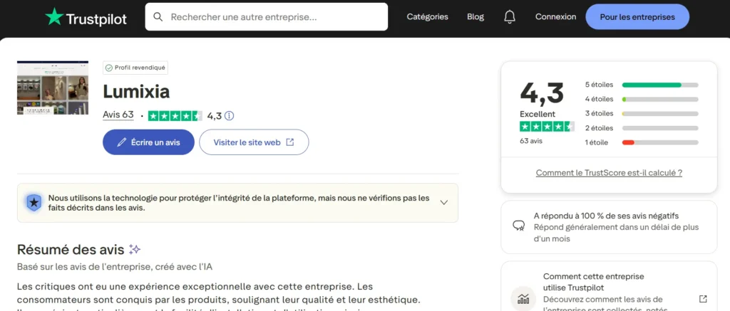 avis sur Trustpilot sur Lumixia FR