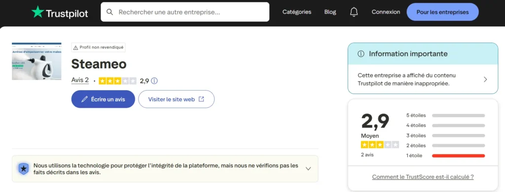 avis sur Trustpilot sur le nettoyeur vapeur Steameo