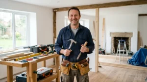 Artisan AM Rénovation souriant avec outils sur chantier professionnel.
