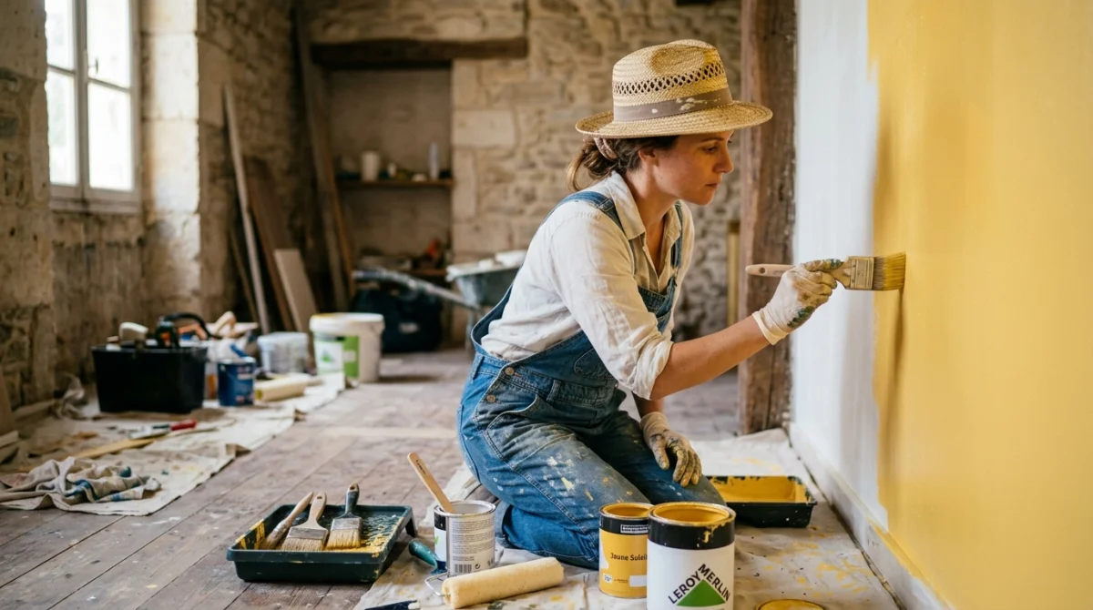 Artisan peintre à Montpellier appliquant une peinture jaune soleil sur un mur intérieur.