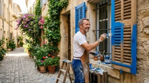 Artisan peintre à Montpellier peignant des volets bleus sur une façade en pierre ensoleillée.