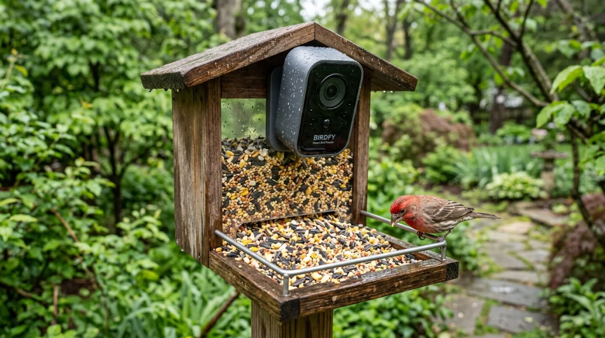 Caméra Birdfy sur mangeoire à oiseaux rempli de graines dans un jardin paisible.