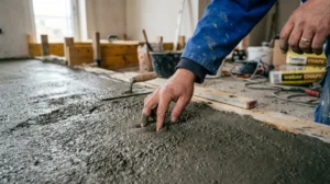 Main vérifiant la consistance d'une chape maigre fraîchement coulée sur un chantier.