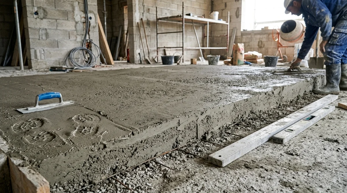 Chape maigre fraîchement coulée sur un chantier intérieur, vue de côté.