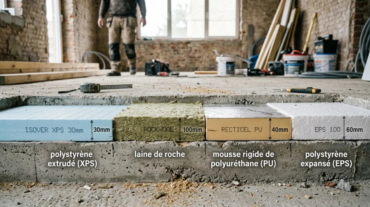 Gros plan sur différents isolants posés sur une dalle béton en rénovation.