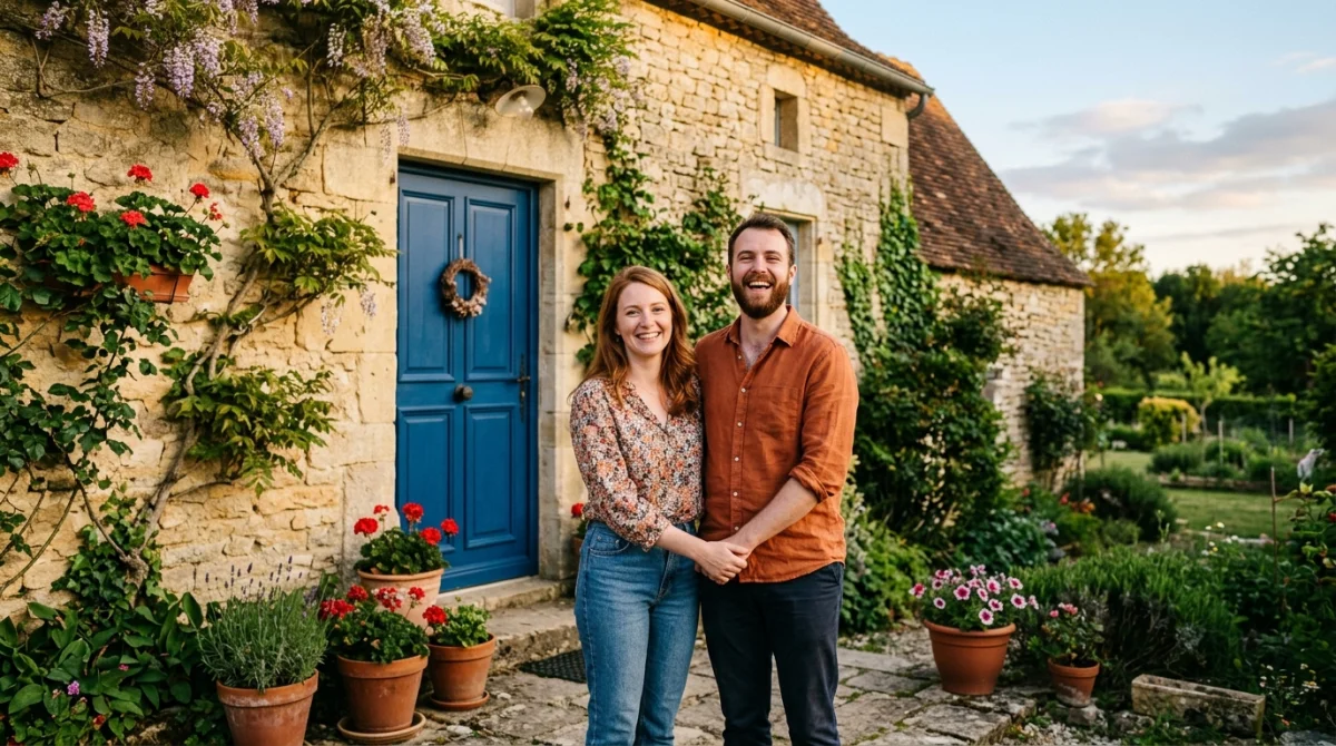 Ilona et Logan, couple gagnant, devant leur maison de campagne rénovée.