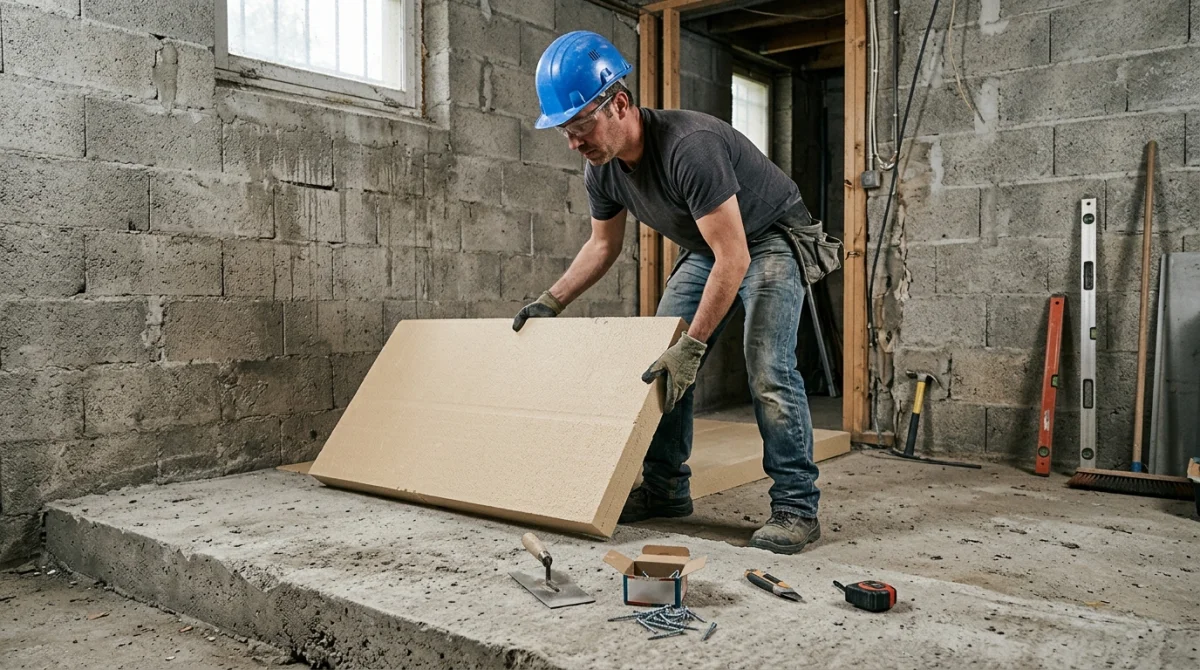 Ouvrier isolant une dalle béton en rénovation avec plaque rigide