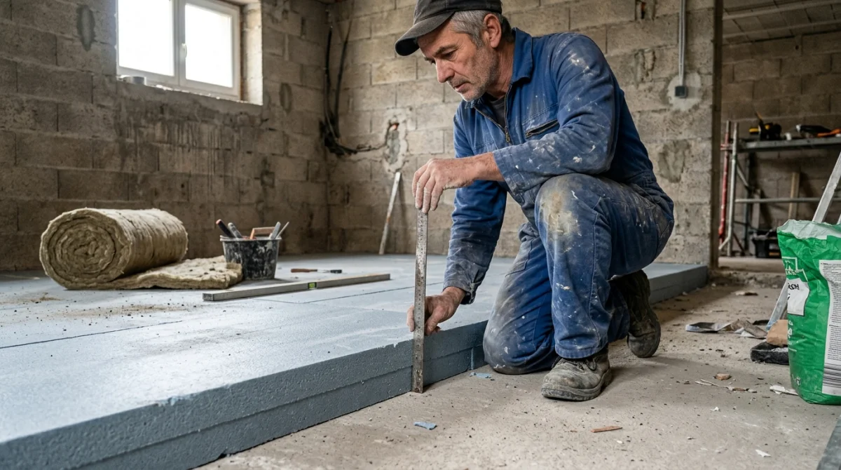 Pose d'isolant sur dalle béton en rénovation de sous-sol, mesure de l'épaisseur.