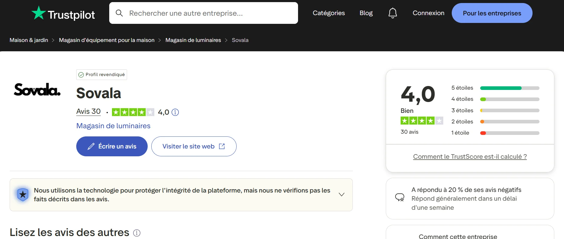 Quels sont les avis sur le site de luminaires Sovala ?