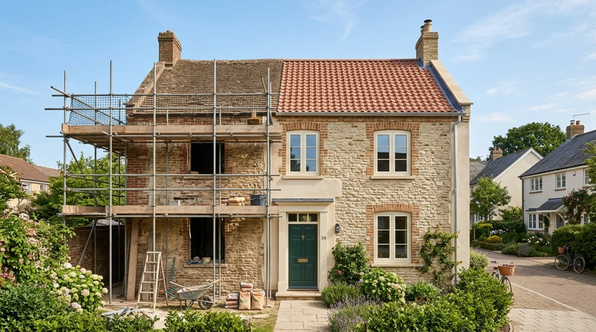 Maison ancienne en rénovation : façade refaite et échafaudages, coût travaux maison.