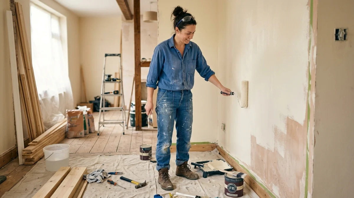 Rénovation de maison : artisan peignant un mur dans un salon en cours de travaux