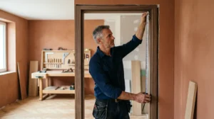 Artisan mesurant la hauteur porte standard avec un mètre ruban dans un intérieur résidentiel en rénovation.