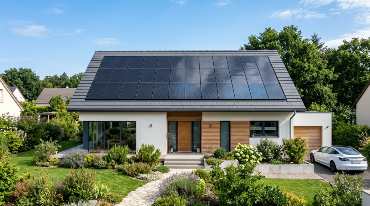 Maison moderne avec panneaux photovoltaïques sur le toit dans un jardin verdoyant sous un ciel bleu dégagé.