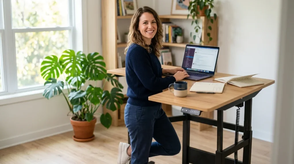 Personne souriante travaillant debout sur un bureau réglable en hauteur ergonomique dans un bureau à domicile lumineux.