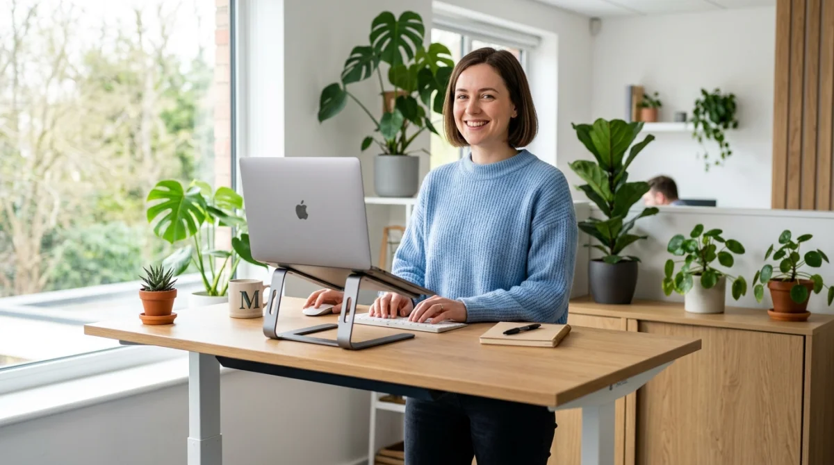 Personne souriante travaillant debout sur un bureau réglable en hauteur ergonomique dans un espace de travail lumineux.