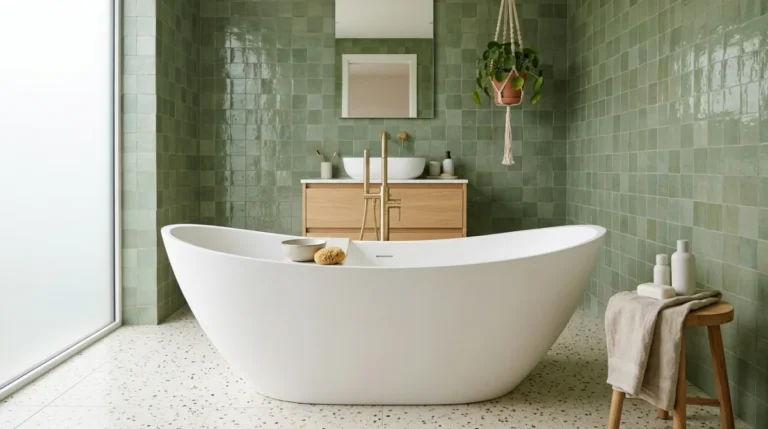 Baignoire îlot moderne dans une salle de bain lumineuse pour illustrer la hauteur baignoire idéale.
