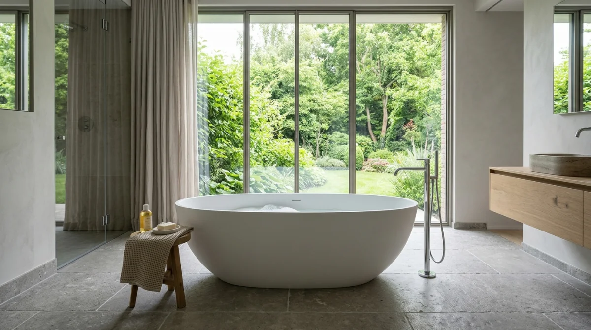 Baignoire îlot moderne au design ergonomique installée dans une salle de bain lumineuse pour une hauteur baignoire idéale.