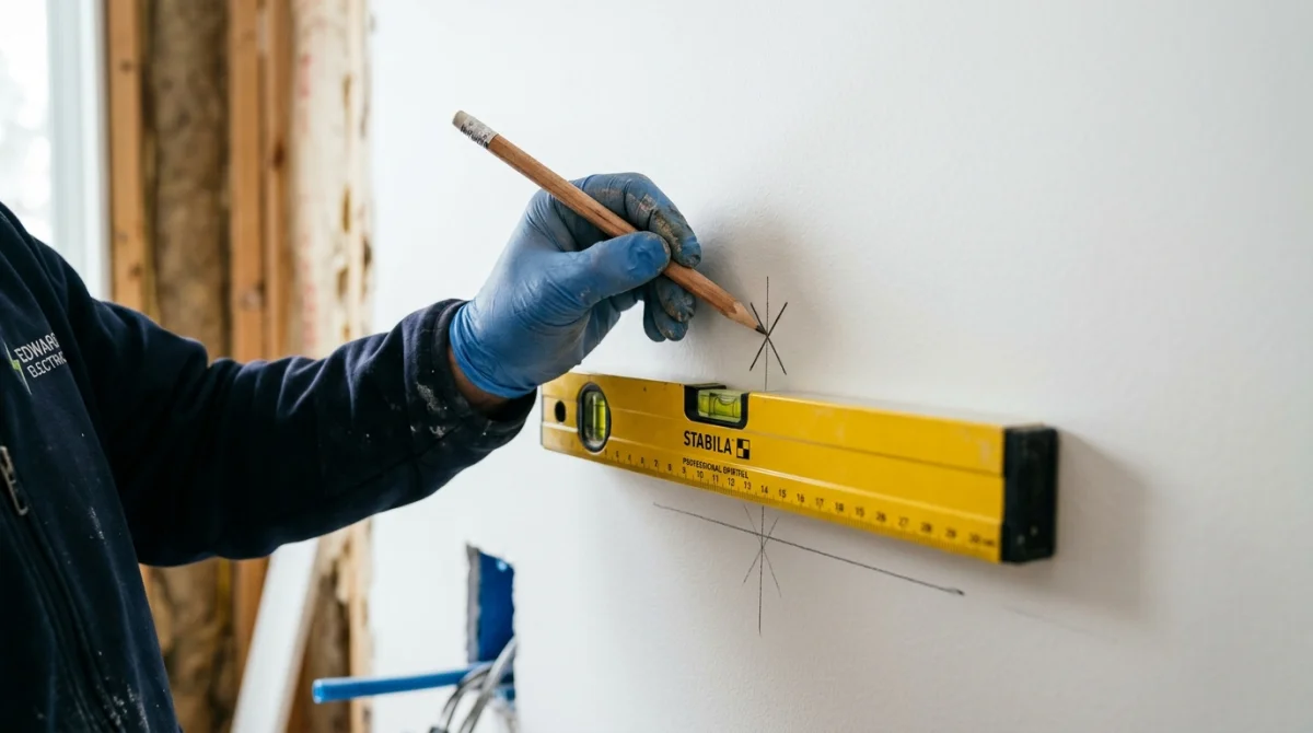 Électricien marquant au crayon la hauteur d'un interrupteur sur un mur à l'aide d'un niveau à bulle.
