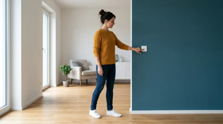 Personne actionnant un interrupteur mural blanc installé à la hauteur ergonomique idéale dans une pièce moderne.