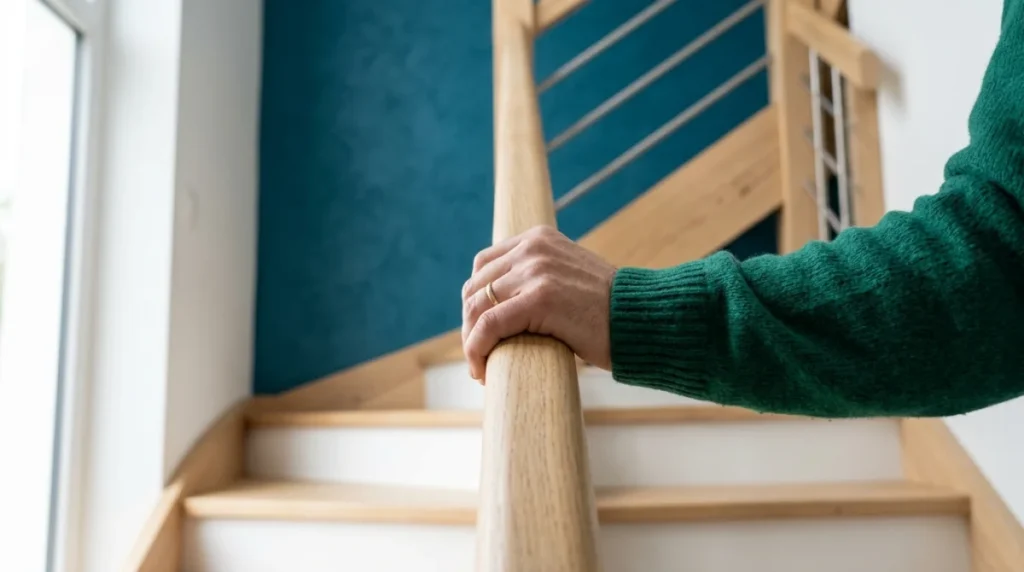 Main posée sur une main courante en bois clair dans un escalier moderne pour illustrer la hauteur idéale.