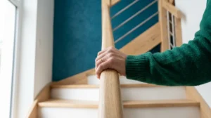 Main posée sur une main courante en bois clair dans un escalier moderne pour illustrer la hauteur idéale.