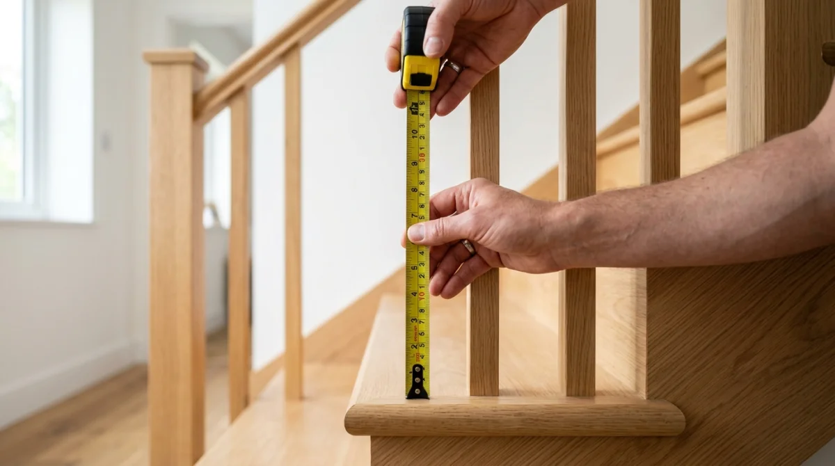 Main mesurant avec un mètre ruban la hauteur d'une main courante sur un escalier en bois moderne.