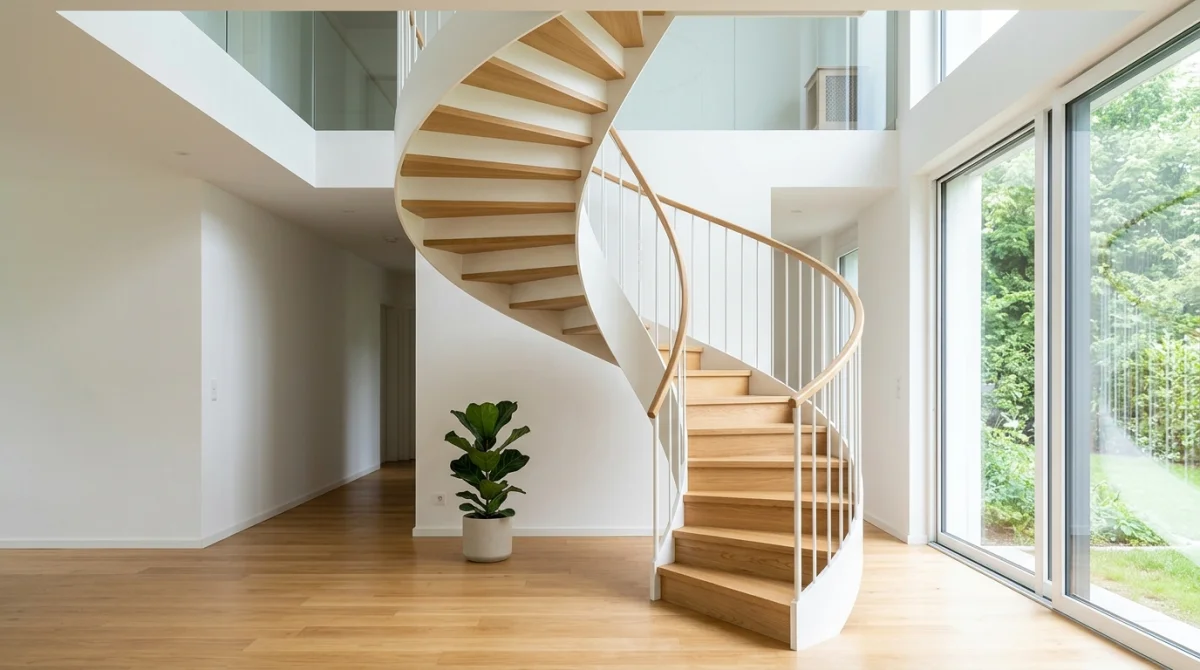 Escalier en colimaçon moderne au design épuré illustrant la hauteur de marche idéale dans un intérieur contemporain.