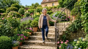Personne âgée montant aisément un escalier extérieur en pierre avec une hauteur de marche adaptée et sécurisée.