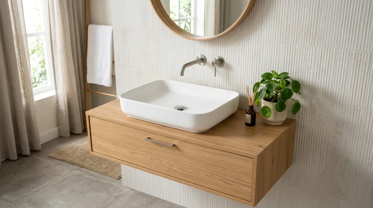 Vasque moderne sur meuble en bois clair respectant la hauteur idéale pour une salle de bain ergonomique.