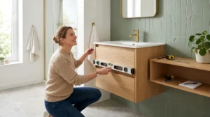Personne installant un meuble de salle de bain suspendu moderne à la hauteur ergonomique idéale sur un mur vert.