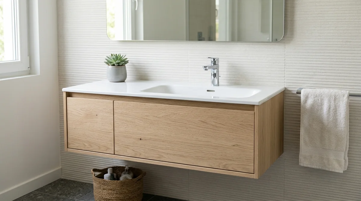Meuble vasque moderne en bois clair dans une salle de bain lumineuse pour illustrer la hauteur idéale.