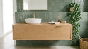 Meuble vasque suspendu en bois clair avec vasque en céramique dans une salle de bain moderne ergonomique.