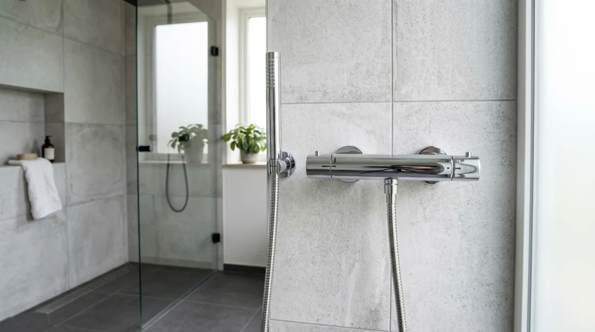 Mitigeur de douche thermostatique chromé installé à la hauteur idéale sur un mur en carrelage moderne.