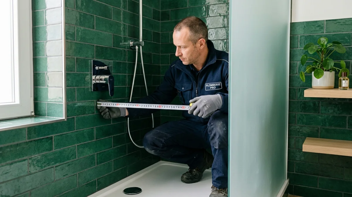 Plombier mesurant la hauteur idéale d'un mitigeur de douche chromé dans une salle de bain moderne.