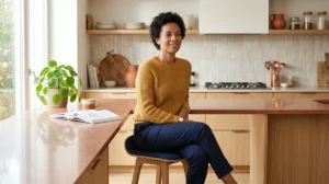 Personne assise sur un tabouret devant un comptoir illustrant la hauteur idéale d'un plan de travail cuisine ergonomique.