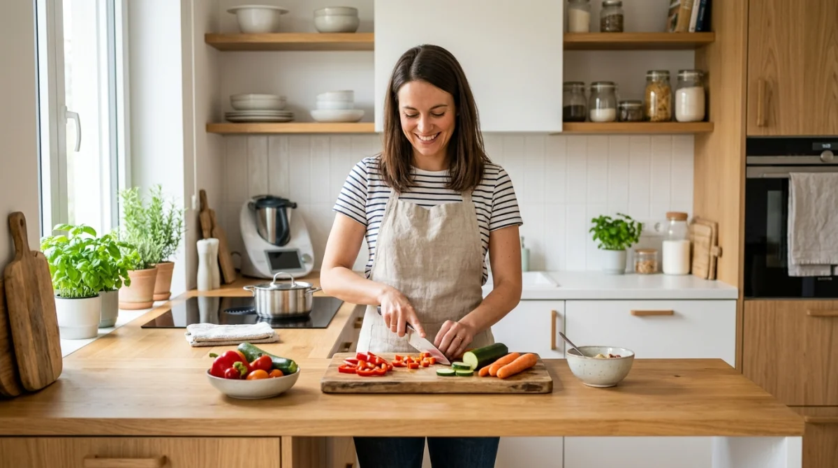 Personne cuisinant confortablement dans une cuisine moderne avec une hauteur de plan de travail ergonomique idéale.