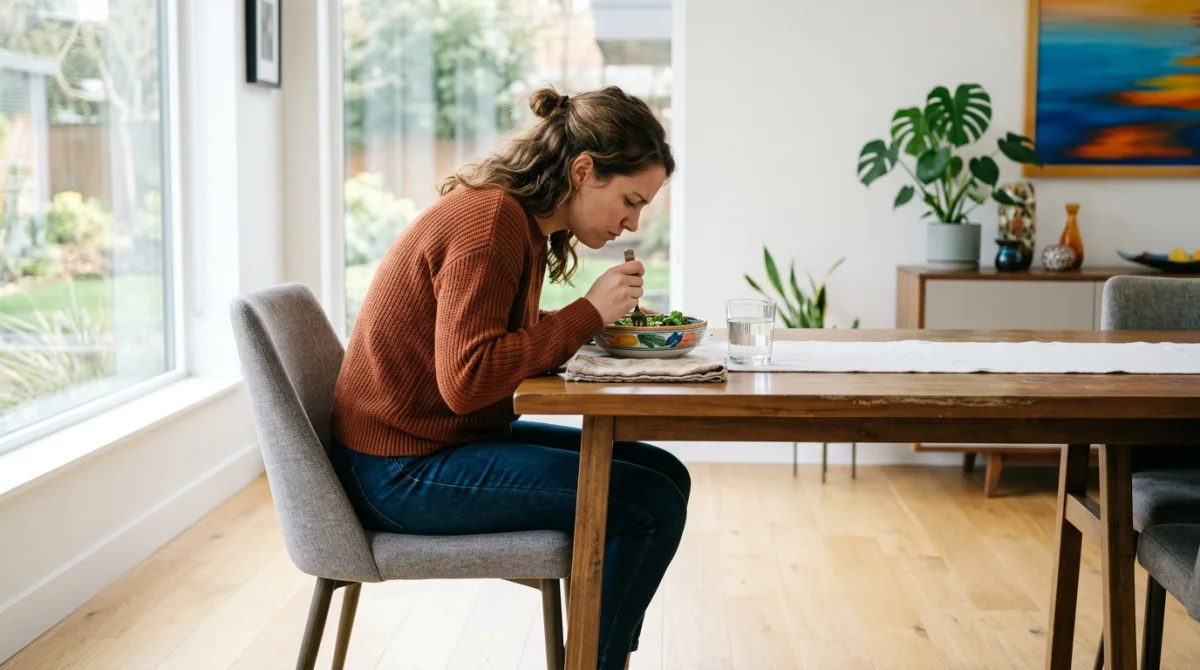 Personne assise à une table à manger trop basse, illustrant une posture inconfortable et un manque d'espace.
