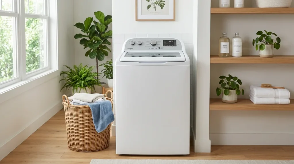Machine à laver à ouverture par le dessus installée dans une buanderie moderne pour illustrer sa hauteur ergonomique.