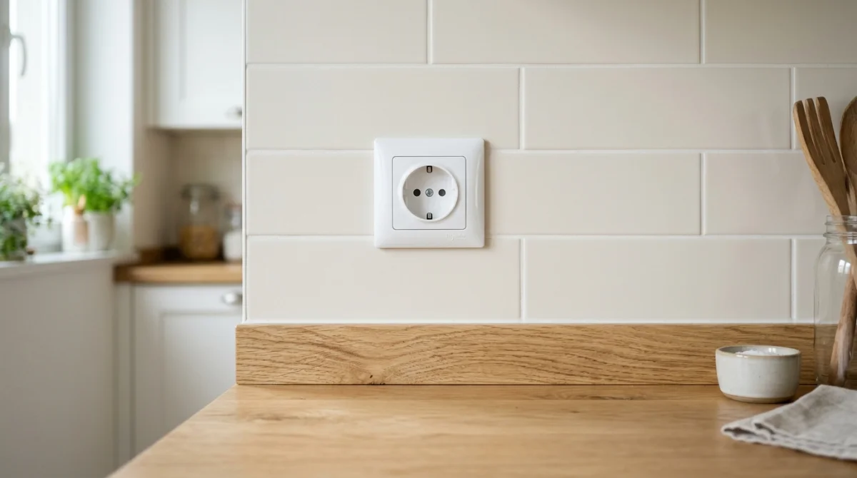 Prise électrique moderne installée à la hauteur idéale sur une crédence au-dessus d'un plan de travail en bois.