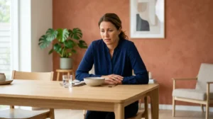 Femme assise à une table à manger trop haute illustrant une mauvaise posture et un inconfort ergonomique.