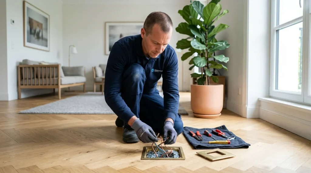 Électricien professionnel installant une prise de courant encastrée dans un parquet pour respecter la hauteur prise de courant.