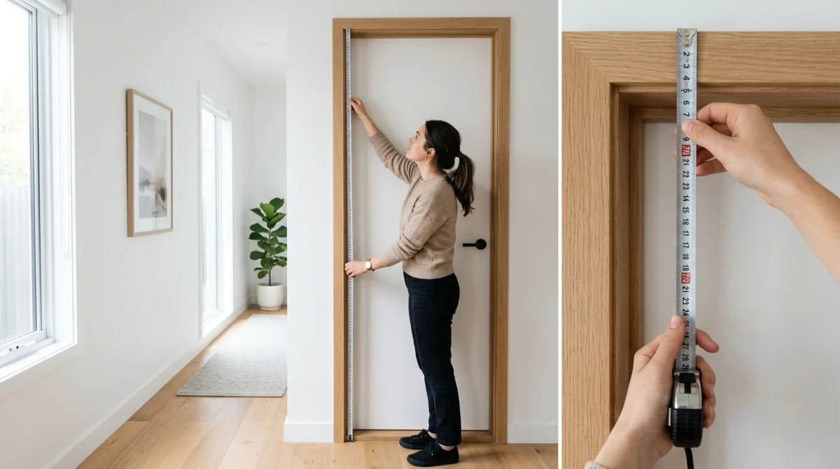 Une personne mesurant la hauteur porte standard d'un intérieur moderne avec un mètre ruban métallique.