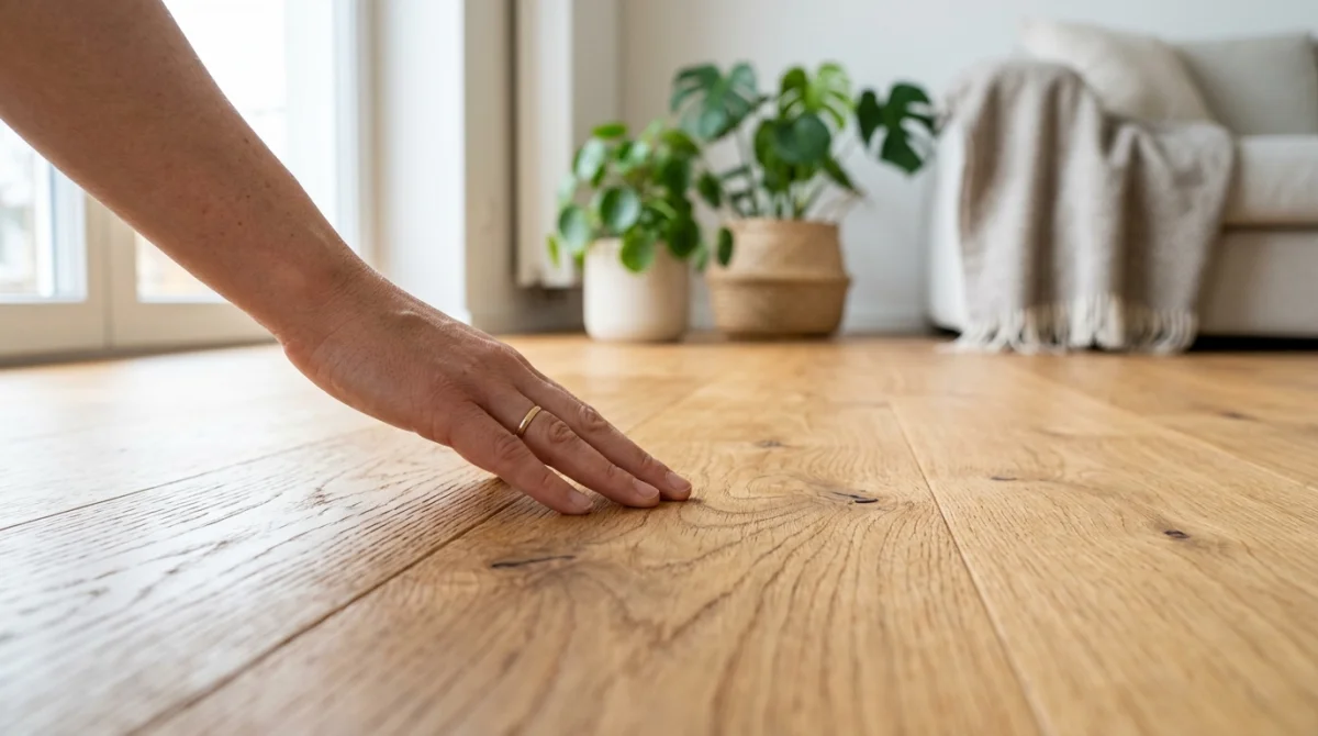 Main caressant la texture naturelle d'un parquet en bois clair huilé dans un salon lumineux et épuré.