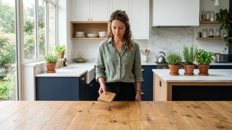 Personne examinant un échantillon de parquet huilé dans une cuisine moderne et lumineuse pour comparer ses avantages et inconvénients.